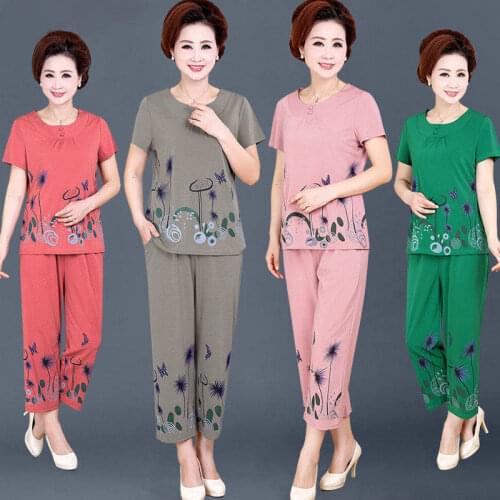 Plus Size Women 2 Piece Set Loose Print Short-sleeved T-shirt Tops + Pants Suits Middle-aged Mother Summer Plus Size 5XL X165
