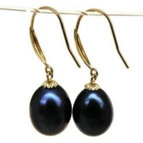 Noble jewelry Huge AAA 10-13mm black Freshwater pearl dangle earring 14K Yellow Gold