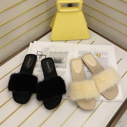 Real mink Girl Fluffy Fur Slippers Summer Raccoon Fur Slippers Shoes Fox Fur Flip Flops Flat Furry Fur Slides Outdoor Sandals