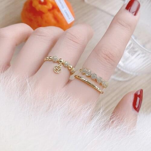 14K Real Gold Vintage Beads Engagement Adjustable Rings for Women Luxury Jewelry Zircon Elegant Letter Wedding Rings