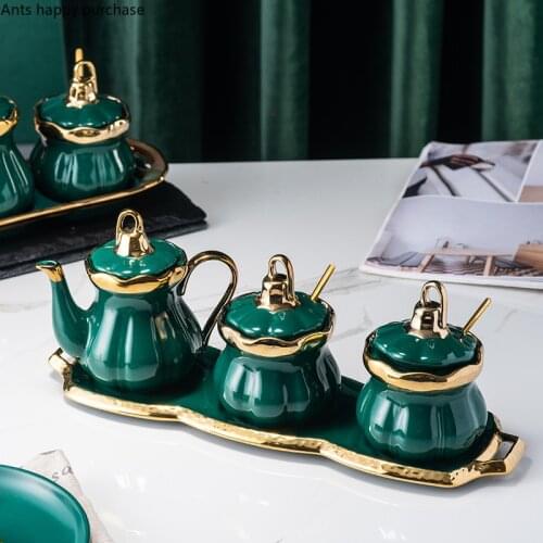 Green seasoning box Three-piece suit Kitchen supplies ceramics Spice jar With tray Oiler spice bottle Home Storage Finishing set