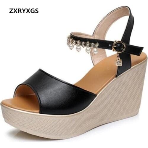 High-quality PU Leather Pearl Wedges Sandals Women Shoes 2020 New Summer Fashion Sandals Sexy Fish Mouth Summer Women Sandals