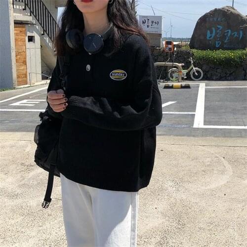 Womens Sweaters Japanese Kawaii Ulzzang Vintage Casual Lazy Loose Badge Sweater Female Korean Harajuku Clothing For Women