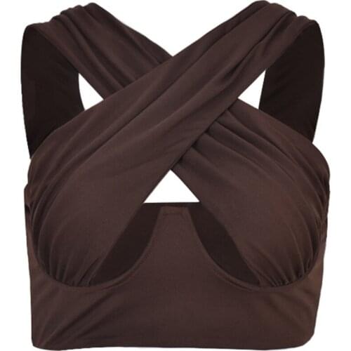 Women Sexy Cut Out Crisscross Halter Wrap Crop Top Solid Color Push Up Corset Camisole Summer Slim Fit Vest Tank Top