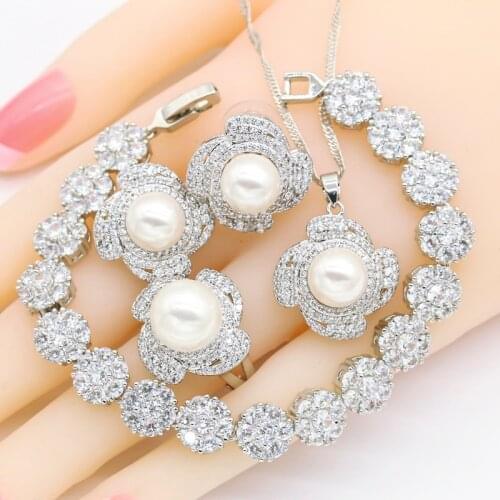 2021 White Pearl Silver Jewelry Sets For Women Necklace Pendant Earrings Rings Zircon Bracelet Birthday Gift