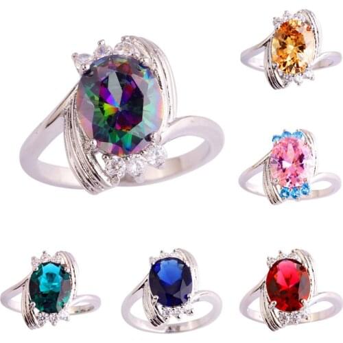 Lingmei Womens Fashion Claddagh Style Pink Blue Zircon Silver Color Ring Size 6-12 Trendy Wedding Jewelry