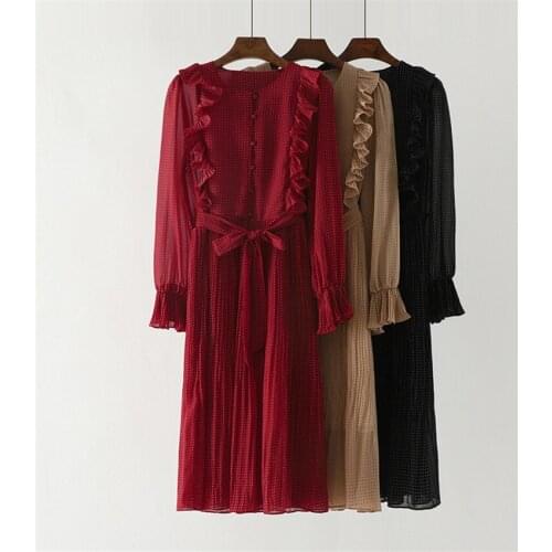 New Fashion Elegant Autumn Women Chiffon Pleated Dresses Long Sleeve Polka Dot Dress Midi Long Dress Vestidos Bottomings WZ830