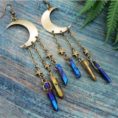 1Pair Party Jewelry Bohemian Retro Fashion Moon Exaggerated Long Pendant Statement Earrings For Women Beach