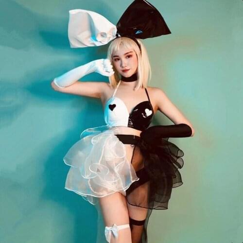 Bar Party Festival Rave Dance Costume Women DJ Singer Dancer Sexy Performance Stage Wear Black White Heart Bikini Skirt Outfits