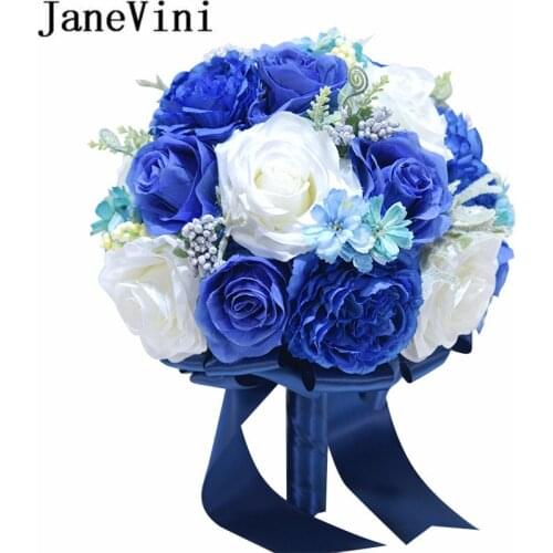 JaneVini Royal Blue Handmade Bridal Bouquet Brides White Artificial Rose Flowers Wedding Bouquets Ramos Novia Con Cristales 2018