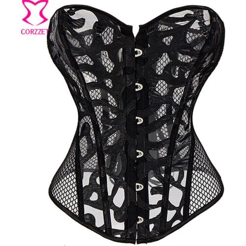 Black Faux Leather Fishnet Overbust Corset Sexy Gothic Lingerie Corselete Feminino Espartilhos Plus Size Corsets and Bustiers