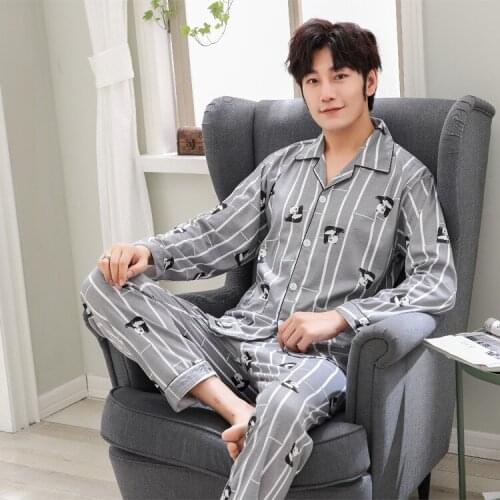 Double-Sided for Autumn and Winter Men Pajamas Korean Cardigan Turndown Collar Print Long Sleeve Long Pants Homewear Set