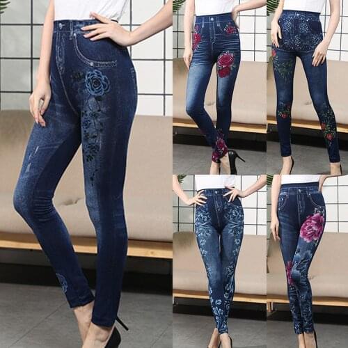 Fake Jeans Leggings Rose Flower Print Ankle Length Pants Super Stretchy Skinny Imitation Jeans Leggings 2021 Women High Waist