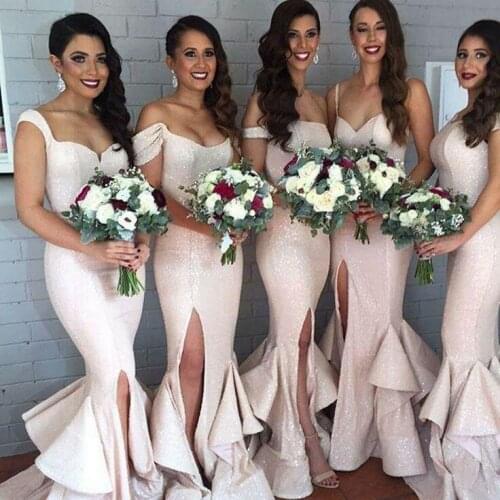Elegant Mermaid Long Multi Style Sequined Bridesmaid Dresses Custom Floor Length Lace Up Back Ivory Formal Wedding Party Dresses