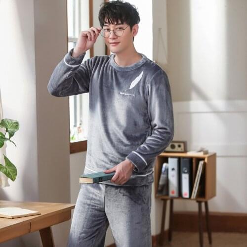 Flannel Pijama for Men 2 Pieces Lounge Sleepwear Pyjamas Print Winter Bedgown Home Clothes Man PJs Thicken Warm Soft Pajamas Set