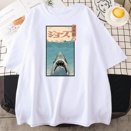 Japanese Ukiyoe Shark Printing Female t-Shirts Summer o-Neck Clothes Casual Style Loose t-Shirt Fashion Oversized Women Tshirt