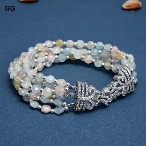 GuaiGuai Jewelry Natural Faceted Coin Shape Natural Morganites Aquamarines Bracelet Cubic Zirconia CZ Pave Clasp Ethnic Style