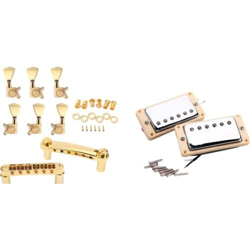 Neck & Bridge Pickup Chrome with Yellow Frame & A Set Gold String Saddle Tune-O-Matic Bridge & Tailpiece