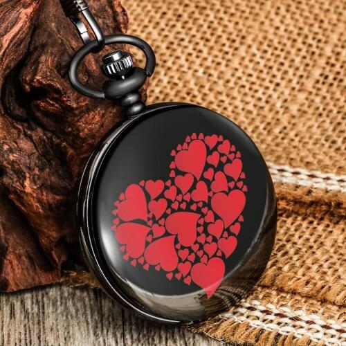 Heart Beautiful Pattern Pocket Chain Watches Black Smooth Flip Cover Digital Dial Portable Pendant Necklace Couple Clock Honey