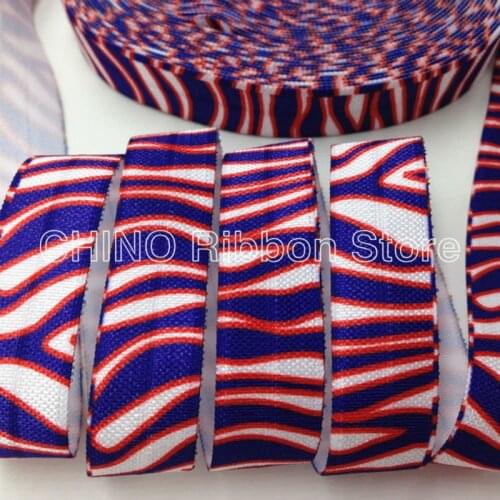 Good Quality Red Blue Zebra Print Fold Over Elastic 5/8" FOE Ribbon 10 Yards for Girls Hair Tie DIY Head wear Hair Accessories