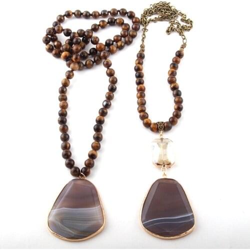 Fashion Bohemian Jewelry 8mm Tiger Eye Stone and Drop Necklaces For Women Ethnic Necklace