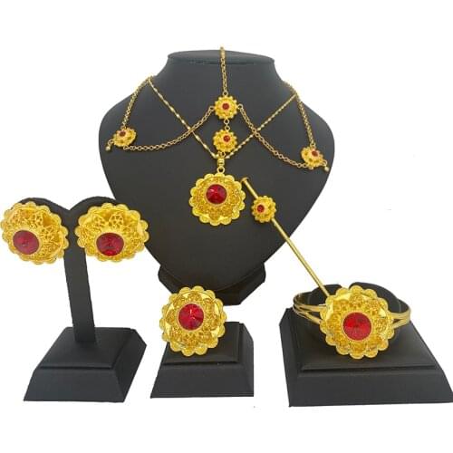 Fashion Bridal Jewelry Sets Pure Gold Color African Ethiopian Wedding Earrings Necklaces Rings Headdress Set Habesha Style
