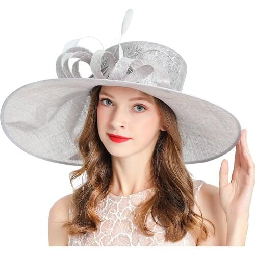 New Fedora Wedding Woman Hats Fashion Style Fascinator Gry Elegant Church Cap Solid Color Wide Brim Top Hat Womens Hat Feather