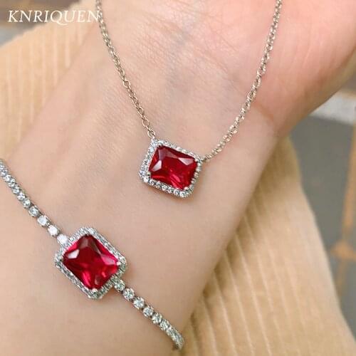 Charms Womens 925 Sterling Silver Wedding Jewelry Sets Vintage 7*9mm Ruby Gemstone Lab Diamond Pendant Necklace Bracelet Gift