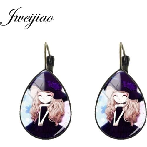 JWEIJIAO Japan Anime Earrings Tear water-drop Ear Clip Earrings Antique Bronze charm Glass cartoon photo girls jewelry C087