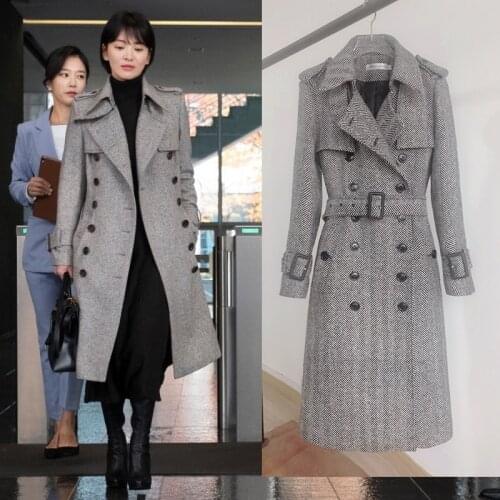 Woolen Jacket Female Medium Long Style Clothes 2020 New Autumn Winter Coat Belt Double Breasted Overcoat For Women Outerwear