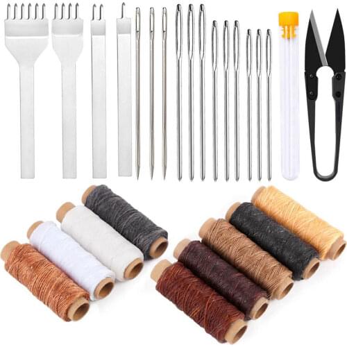 Leather Sewing Awl Thread Kits with Thimble Finger Cots Waxed Thread Stitching Needles Leather Sewing Tool for DIY Leather Craft