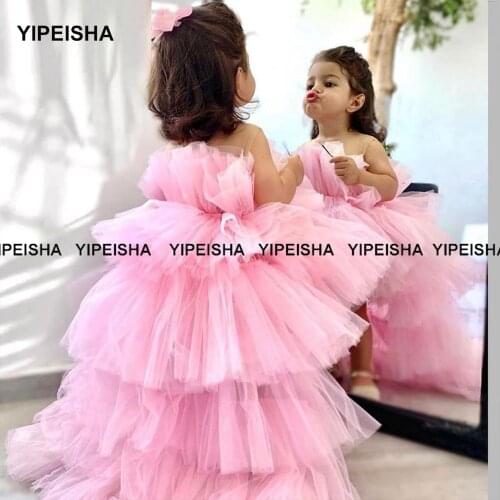 Yipeisha Pink Flower Girls Dresses for Wedding Puffy Little Girls Pageant Dress High Low Ball Gown Toddler First Communion Gown