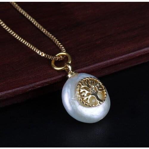 Tiny tree of life charm natural coin freshwater pearl bead gold chain pendant choker necklace for women wedding birthday gift