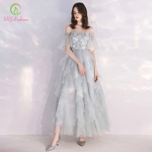 SSYFashion New Prom Dress Light Grey Romantic Sweetheart Lace Appliques Beading Tiered Ruffles Formal Gowns Vestido De Noche