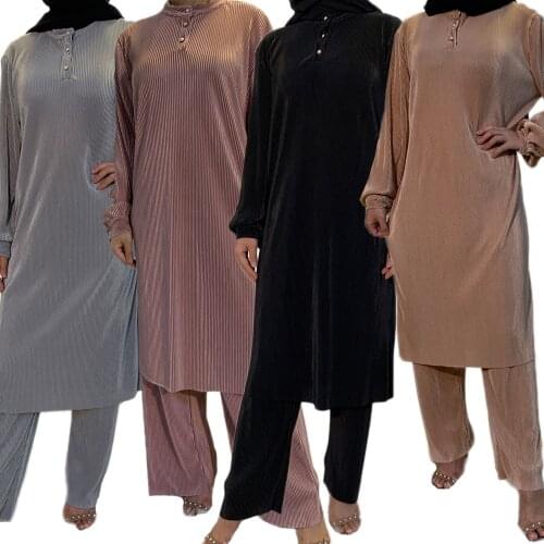 Abaya Dubai Kaftan Turkish Robe Women Pleated Long Maxi Blouse Wide Leg Pants Trousers 2 Piece Set Islamic Dress Jilbab Robe New