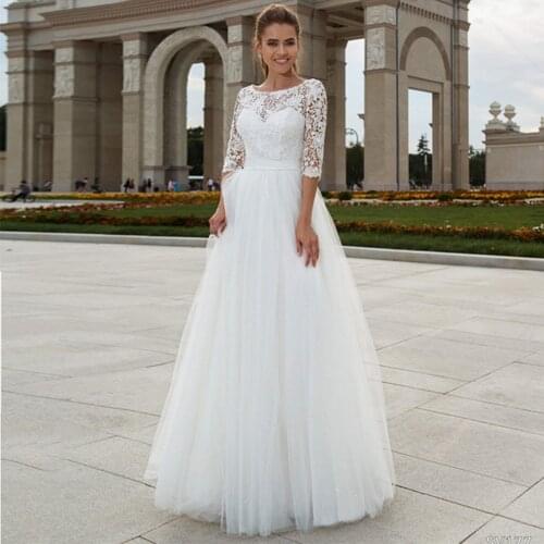 Simple White Civil Wedding Dresses With 3/4 Sleeves Button Back Detachable Sashes Floor Length O Neck Party Bridal Gowns Custom