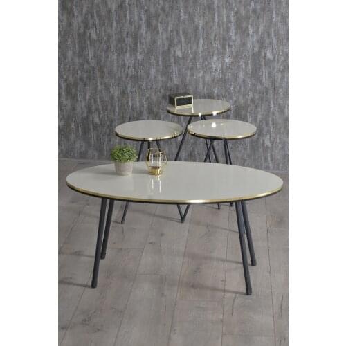 Zigon Coffee Table And Coffee Table in the Middle Ellipse Set Black Metal Foot Double Gold Cream