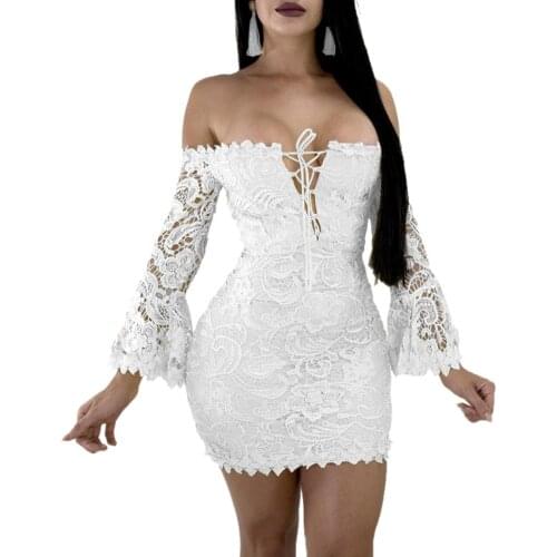 2020 Fashion Dress women Sexy Party Summer Dress Strapless Flared Sleeve Chest Bandage Lace Party Mini Bodycon Dress Vestidos