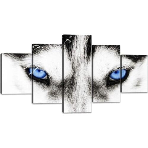 5 Piece Black and White Husky Dog With Blue Eyes Canvas Wall Art Modern Gallery-wrapped Animal Face Prints and Posters