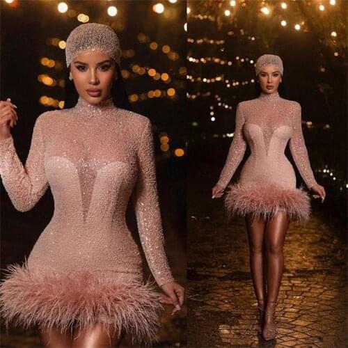 Bling Bling Mini Cocktail Dresses Sequined High Collar Long Sleeve Feather Evening Gowns Sparkly Illusion Sexy Short Party Dress