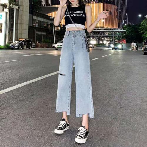 Woman Jeans Pants Ripped Spring Summer Straight Loose High Waist Pants Pantalones Vaqueros Mujer