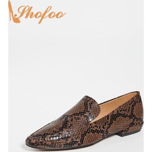 Brown Snake Skin Print Flats Woman Round Toe Boat Shoes Slip On Large Size 11 15 For Ladies Autumn Fashion Office Mature Shofoo