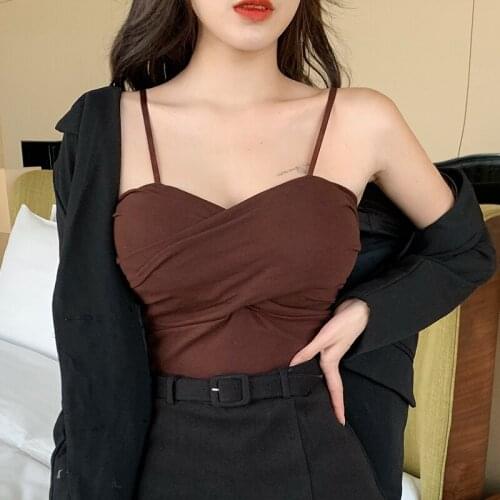 2019 Women Korea Style Crop Top Sexy Camisole Female Bralette Streetwear Short Black Bustier Frill Tops