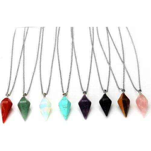 Men Women Natural Healing Gem Stone Necklaces Crystal Pendants Quartz Bullet Cone Hexagonal Pendulum Reiki Chakra pendulo Amulet