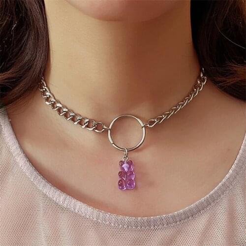 Stainless steel Cute Gummy Jelly Bear Necklaces for Women Girls Cool Punk Girl Hip Hop Resin Choker Necklace Womens Accessories