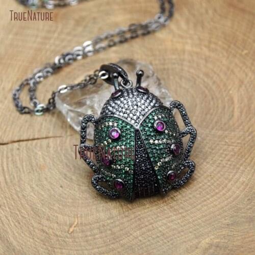 Wholesale Handmade Micro Pave Color Block Czech Zircon Gun Black Oenopia Formosana Insect Copper Necklace In 18 Inch NM10383