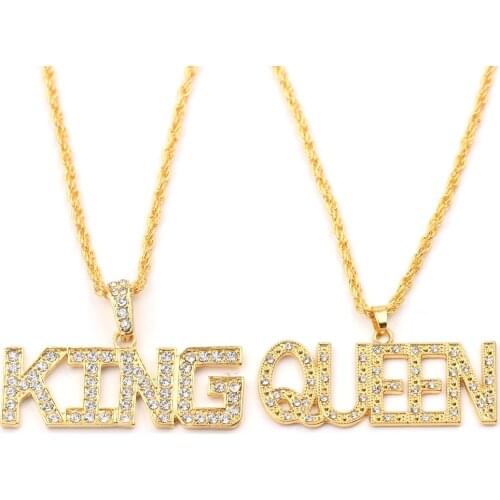 Queen King Letter Necklace Inlaid Rhinestone Long Gold Chain For Lovers Valentines Day Gifts Punk Rock Rave Choker Jewelry