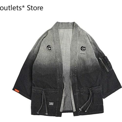 Man Japanese Style Kimono Coat Retro Gradient Denim Print Haori Male Fashion Tooling Black Streetwear Cardigan Autumn Jacket