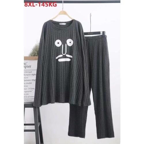Autumn Winter women men Couple Pajamas Sets funny cartoon cotton home sleepwear plus size big 8XL loose Homewear sleep pants 60