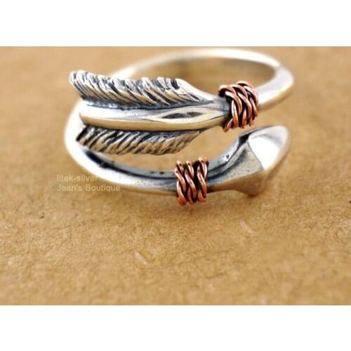 925 Sterling Silver Retro Arrow Feather Adjustable Wrap Ring size 5.5 ~ 8 A3508